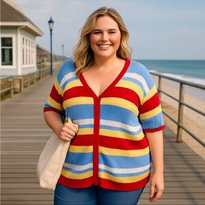 Vintage Cherokee Women’s 3X Striped Knit Cardigan Button Down Coastal Retro Y2K